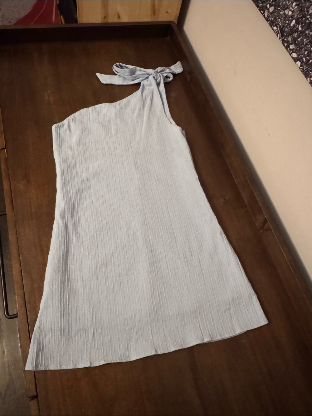 One-Shoulder Light Blue Tie-Shoulder Dress